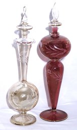 Two Tall Antique Arabesque Style Glass Perfume Bottles With Stoppers Made In Egypt