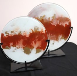 Two Mitchell Gold Marbleized Glass Disks On Metal Stands.