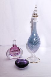 Two Vintage Glass Perfume Bottles And Baccarat Purple Crystal Heart.