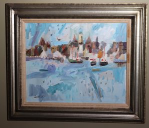 Signed Impressionist Landscape Painting Of Sailboats In The Harbor