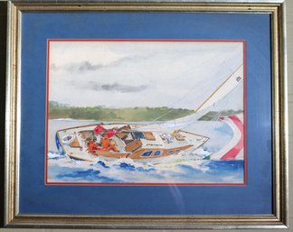 Windhover Sailboat Racing In Hempstead Watercolor Painting By Harry Curtis Circa 1962