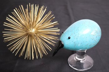 Decorative Art Glass Bird And Spiky Gold Metal Ball.