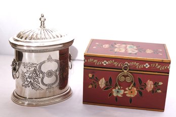 Contemporary Metal Tea Caddy With Incised Design And Red Painted Box With Flowers.