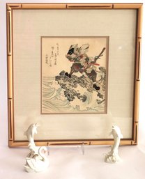 Antique Japanese Woodblock Print Of A Feudal Warrior In A Bamboo Matted Frame Includes Lenox Miniatures