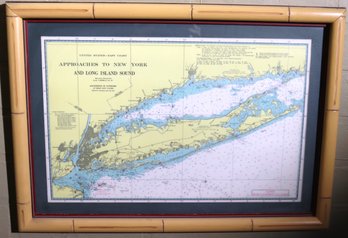 Approaches To New York And Long Island Sound Vintage Framed Map By Hedwin In A Bamboo Style Frame