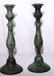 Pair Of Tall Green Oxidized Candle Holders