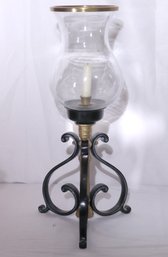 An Elegant Vintage Castilian? Iron And Brass Blown Glass Hurricane Candle Holder.