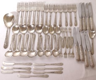 Sterling Silver Bridal Bouquet Flatware Set By Alvin Silver-52 Piece Service For 7