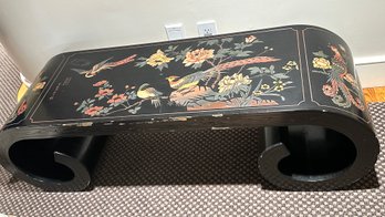 Chinese Bench Or Low Cocktail Table With Curved Sides & Colorful Birds &  Flowers