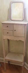 Antique Whitewashed Oak Cabinet With Beveled Mirror, Compartments, And Shelf.