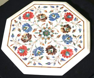 White Marble Inlaid Tile With MOP And Semi-precious Stones In Octagonal Form
