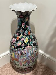 Tall Chinese Vase With Hand Painted Flowers On Black Background