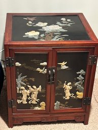 Chinese Cabinet / End Table With Doors And Raised Design With Inlaid Stone