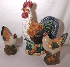Large Ceramic Rooster And 2 Decorative Ceramic Chickens.