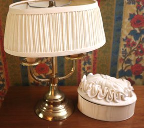 Brass 2 Light Table Lamp And Silk Moire Box.