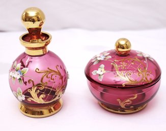 Vintage Bohemian Glass, Perfume Bottle And Round Box With Lid.