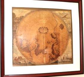 Antique Framed Map With Center In Circular Relief Of The North Pole - Pole Arctica By Frederik De Wit Ams