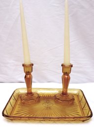 Art Deco, Amber Glass Tray And Pair Of Candlesticks.