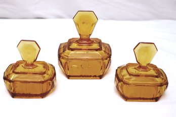 Art Deco Amber Glass Vanity Containers With Lids. Minor Age- Related Wear.