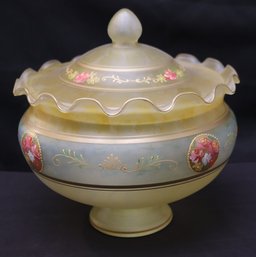 Large Signed Frosted Gold Glass Bowl With Wavy Rim And Lid.