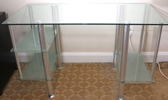 Contemporary Glass Desk With Tempered Glass, Multiple Shelves For Storage