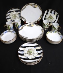 MacKenzie Childs Thistle And Bee Dinnerware With Plates And Coffee Mugs.