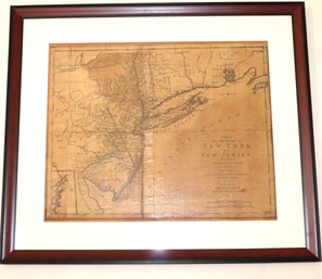 Rare 18th Century Antique Framed Map Of New York & New Jersey With Province Of Quebec Engraved By M. Lotter