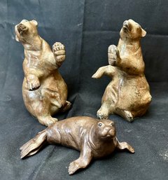 Pair Of Polar Bear Bookends Made In India Includes A Carved Wood Walrus Figure