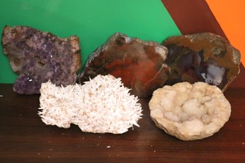 Amethyst, Quartz Geode, Polished Petrified Wood Pieces, Includes A Unique White Pointed Fountain Style Piece