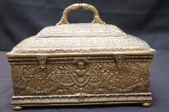 Antique English Style Repousse Casket Box With Velvet Lined Interior, Stamped On Underside.