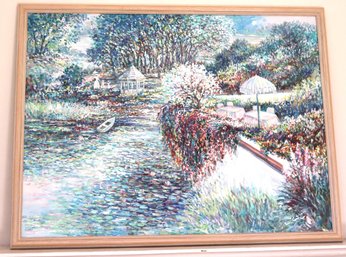 Impressionist Style Landscape Painting Of Lake Side Villa & Springtime Trees In Bloom Signed Lower Right