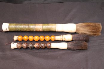 Three Vintage Chinese Calligraphy Brushes With Jade And Stone Handles.