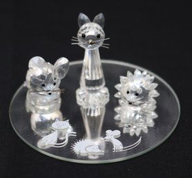 Swarovski Silver Crystal Miniatures 3- Piece Set Including Cat, Mouse, And Hedgehog