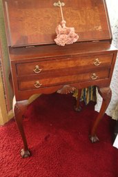 Vintage Burled Wood Petite Queen Anne Secretary With Ball And Claw Feet.