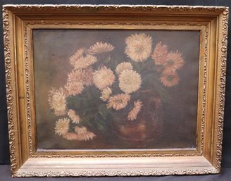 Early 1900s Sunday Morning O/C Painting Of Yellow Chrysanthemum In Gold Frame