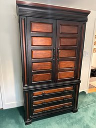 Large Two-toned Paneled Wood Armoire With Storage Shelving Inside And  Wardrobe Bar