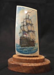 Hand Carved Scrimshaw Of A British Sail Ship By Artist Yoko Gaydos