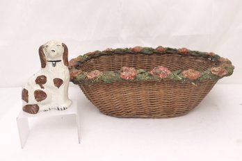 An Antique Wicker Basket With Painted Plaster Floral Trim And Spaniel Figurine.