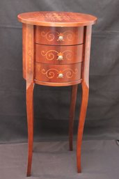 Diminutive Mahogany Round Side Table With Inlaid Scrollwork Design And 3 Drawers.