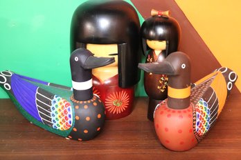 Hand Carved/Hand Painted Asian Style Duck Decor & Carved Wooden Doll With Stamp