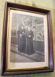 Two Vintage Prints With Flemish Nobles & Monks In Art Gallery.