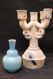 Primitive Rustic Style 5 Arm Terracotta Candleholder And Aqua Color Vase.