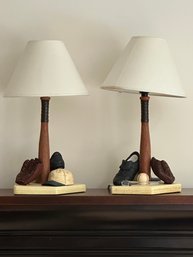Pair Of Table Lamps With Sports Motif Including All Baseball Accessories