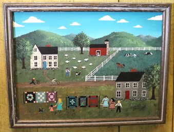 Jennifer Schordine Primitive Painting On Paper Of Farmhouse And Quilts.