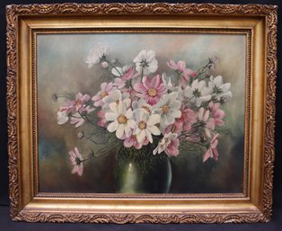 Early 1900s Sunday Morning O/C Painting Of Cosmos Flowers In A Gilded Frame