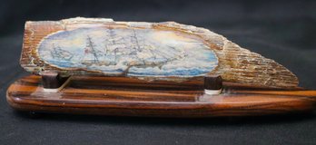Hand Carved Scrimshaw Of A British Sail Ship By Artist Yoko Gaydos On A Rosewood Stand By ADA Studios
