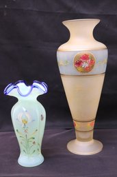 Two 1930s Era Hand Painted Vases- Golden Frosted Glass Vase And Green Fenton Vase.