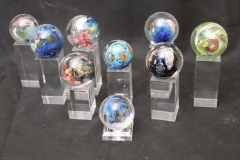 Collection Of Signed Josh Simpson Miniature Blown Glass Art Inhabited Planets Orbs/spheres With Acrylic Stand
