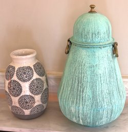 Handmade Turkish Copper Urn With Lid & Overall Green Patina & Ceramic Vase With Arabesque Design