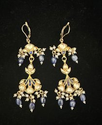 14K YG Lapis And Seed Pearl Cascading Pair Of Earrings
